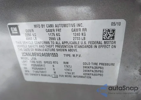2010 Chevrolet Equinox Ls z USA, uszkodzony, nr VIN 2CNALBEW2A6381553